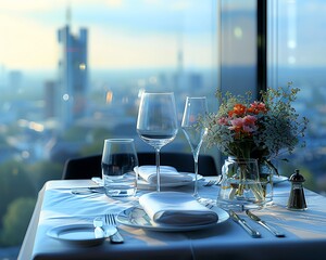 Scenic view from Dusseldorfs Fernsehturm restaurant, elegantly decorated table, no people, lifelike scene