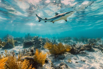 Wall Mural - Underwater view of reef shark swimming above seabed, Tiger Beach, Bahamas 