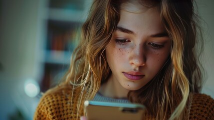 Wall Mural - A Young Woman Looking at Her Phone with a Serious Expression