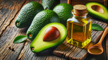 Wall Mural - oil and ripe fresh avocados on a rustic wooden table.