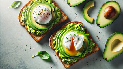 Wall Mural - sandwiches with avocado and poached egg.