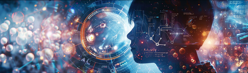 Poster - Futuristic interface with digital data visualization - A complex and futuristic digital interface with various data and holographic elements against a dynamic backdrop
