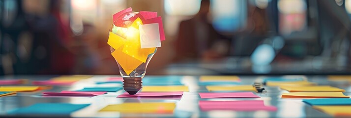 Poster - Glowing idea bulb with colorful notes - A creative image showcasing a light bulb with a bright glow amidst colorful sticky notes Represents innovation