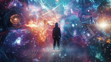 Poster - Man surrounded by futuristic holographic displays - A man stands surrounded by vibrant and complex futuristic holographic displays in a dynamic digital environment