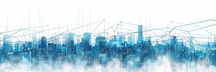 Poster - Modern city skyline network connections concept - Digital art of a city skyline with a network connection overlay representing data and tech