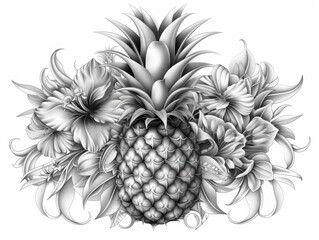 pineapple slice coloring page, intricate line work, artistic style, black and white, isolated on white background