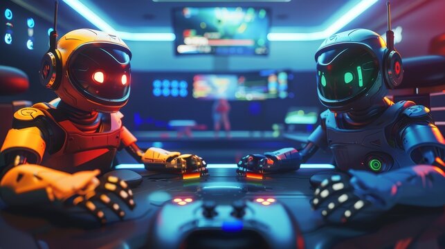 Two robots in a futuristic gaming room, engaged in a competitive game, with one robot in yellow and the other in blue, displaying vibrant colors and advanced technology amidst a neon-lit environment.