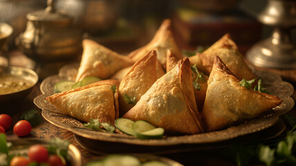 Wall Mural - Indian cuisine featuring tasty samosas served on a plate on the table
