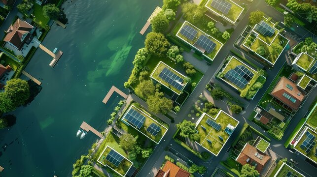 Aerial view of houses with solar panels - Top-down aerial view of a suburban neighborhood with houses equipped with solar panels, signifying sustainable living