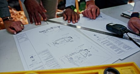 Poster - architect, people and hands outdoor with blueprint for building plans, project discussion and constr