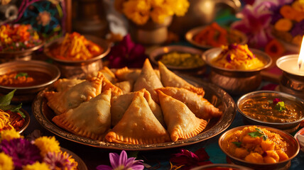 Wall Mural - Indian Feast: Samosa on a Plate with Other Delicious Foods