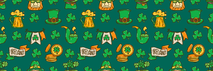 Wall Mural - St Patricks Day seamless pattern background cute hand-drawn Irish holiday icons, symbols, and elements.