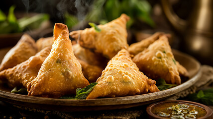 Wall Mural - Hot Indian Samosa, Served Warm on a Plate