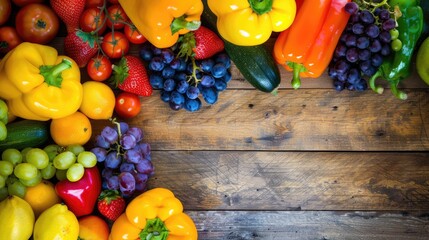 Wall Mural - A hardwood table decorated with an assortment of fresh fruits and vegetables, capturing the beauty of local, whole foods in a stunning still life photography AIG50