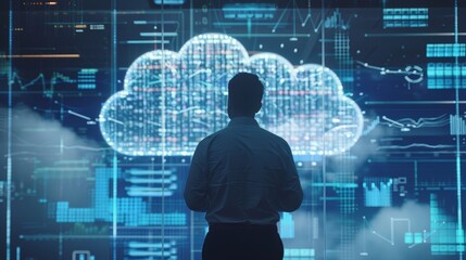 Poster - A silhouette of a man stands in front of a large screen displaying a cloud symbol composed of data and graphs.