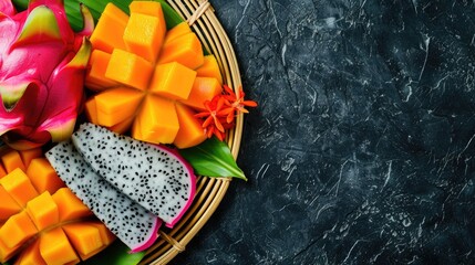 A bamboo mat serves as the tableware for a black plate adorned with mangoes and dragon fruit, creating a colorful and vibrant display of tropical ingredients AIG50