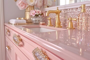 Wall Mural - The perfect combination of gold and crystal drawer pulls on a stunning vanity adding a touch of glam to a master bedroom renovation light pink background