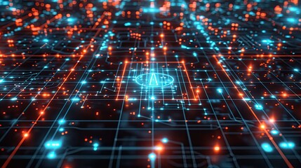 A futuristic digital grid with an AI icon and network pathways, showcasing the intricate design of AI systems.