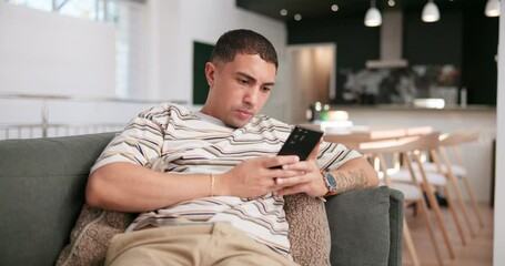 app, phone and relax with man on sofa in living room of home for communication or networking. email,