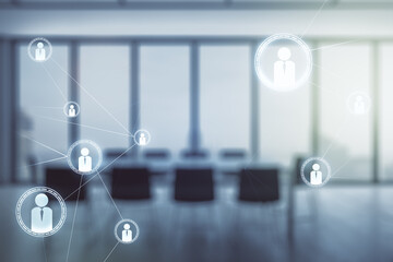 Aufkleber - Abstract virtual social network hologram on a modern coworking room background. Double exposure