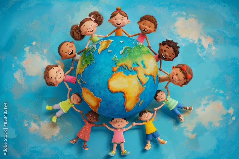 an animated family of different races holding hands around the globe ...