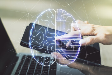Poster - Double exposure of creative human brain microcircuit and hand working with a digital tablet on background. Future technology and AI concept