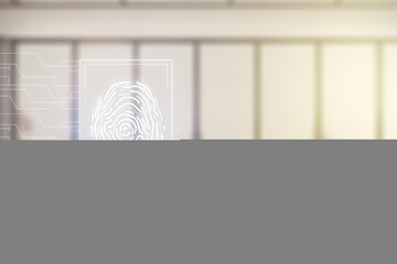 Poster - Multi exposure of virtual graphic fingerprint sketch on a modern furnished classroom background, fingerprint scan data concept