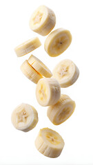 Wall Mural - Falling Bananas sliced on white background, selective focus, clipping path