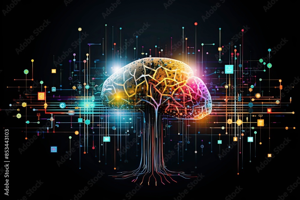 Futuristic design of an android head, with visible wires, connections ...