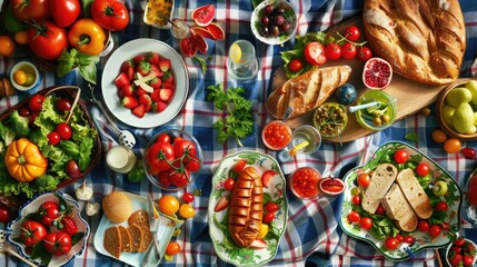 Wall Mural - A picnic spread with tableware, fruit, and flowers on a plaid blanket. Enjoy natural foods, vegetable dishes, and a beautiful outdoor event AIG50