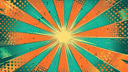 Wall Mural - a colorful comic book style background with a green and orange radial gradient. There are multiple orange and blue rays emanating from the center,