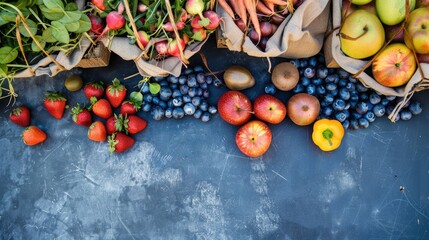 Wall Mural - A wooden table adorned with a colorful array of fruits and vegetables, showcasing local food ingredients for wholesome recipes and natural whole foods AIG50