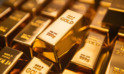 Close-up of gold bars with intricate engravings, reflecting ambient light, symbolizing luxury and stability