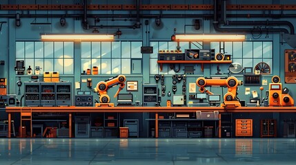 Wall Mural - A modern factory with robotic arms, working on an assembly line to build the latest technology products