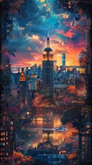 Wall Mural - A Vibrant Evening Skyline Over a City With a River and Boats