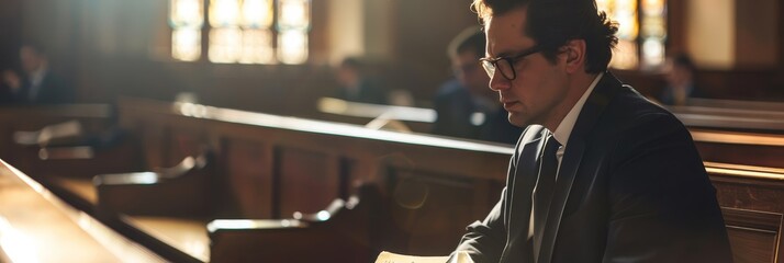 Person sitting in church pews with sunlight - A person sitting thoughtfully in a church, with sunlight filtering through the windows