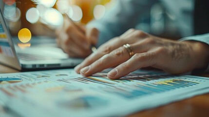 Wall Mural - Close-up of a business professional analyzing financial data with charts and graphs on paper and laptop in an office environment.