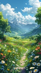 Wall Mural - A Winding Path Through A Mountain Meadow in Bloom on a Sunny Day