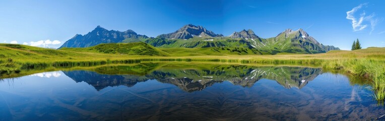 Wall Mural - A Tranquil Mountain Lake Reflects the Majestic Alps on a Sunny Summer Day