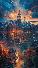 Wall Mural - Evening Skyline View of New York City With Reflections