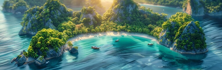 Poster - Lush Green Islands and Crystal Clear Water in a Tropical Paradise at Sunset
