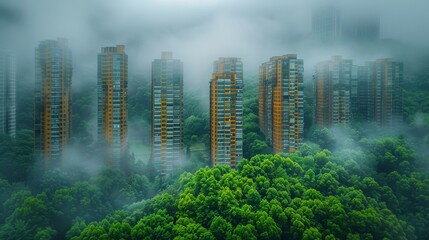 Wall Mural - Tall Buildings Emerging From the Fog in a Lush Forest