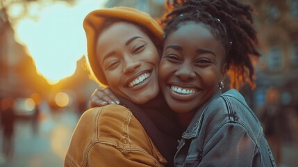 happy black women hugging outdoors at golden hour. concept LGBTQ+ love.