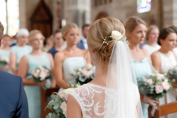 Wall Mural - The bride and groom, surrounded by their wedding party in light blue dresses with flowers on the head, stand at the front of the church during the ceremony