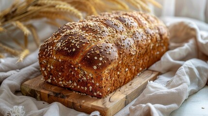 Rustic whole grain loaf of bread on a wooden board, topped with seeds, beige cloth and wheat stalks in the background, natural lighting