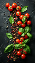 Wall Mural - Fresh Cherry Tomatoes with Basil and Peppercorns on Dark Rustic Background