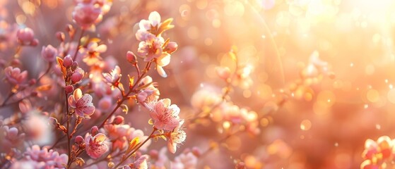 Sunset casting a golden glow on delicate pink blossoms, creative banner design with extensive copy space