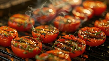 Canvas Print - Close-up of grilled tomatoes topped with herbs, sizzling on a barbecue grill, highlighting a fresh and flavorful side dish.