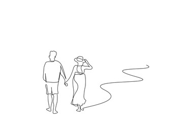 couple in love holiday beach walk together holding hands happy life one line art design vector