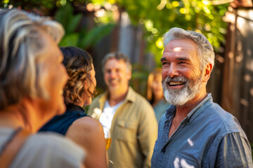 Group of people in their 40s socializing outdoors, with a bearded man smiling brightly in the foreground.